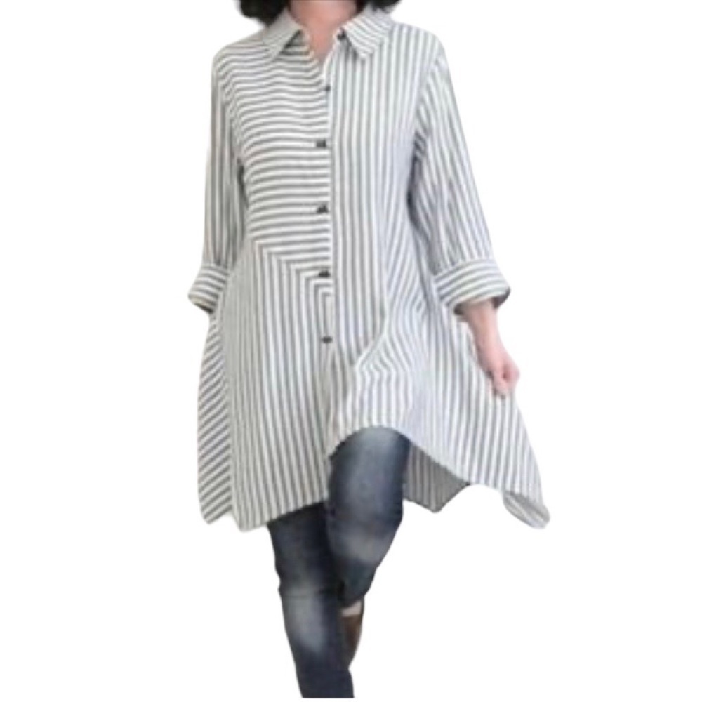 SOFT Surroundings Linen Blend Long Sleeve Asymmetrical Hem Button Down Sz S - Picture 2 of 9